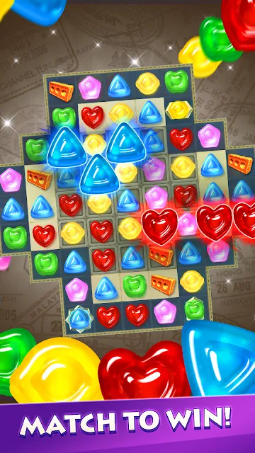 A board of gummy pieces mid-clear, with the objective counters along the top