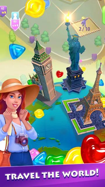 A world map screen with landmarks being rebuilt and a two-of-ten progress marker